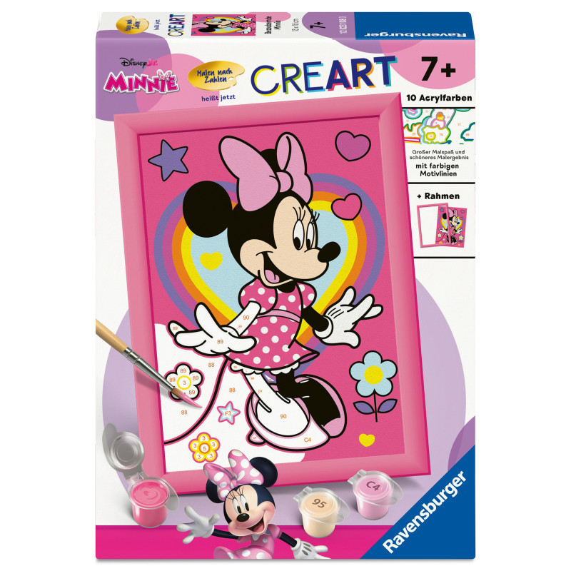 Disney Minnie Mouse Malset mit rosa gerahmtem Minnie-Bild und Farbtöpfen, geeignet für Kinder ab 7 Jahren.