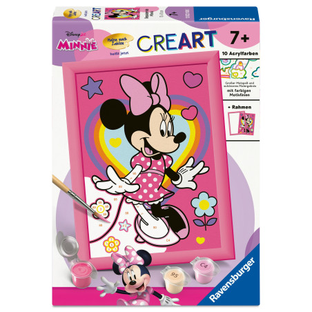 Disney Minnie Mouse Malset mit rosa gerahmtem Minnie-Bild und Farbtöpfen, geeignet für Kinder ab 7 Jahren.