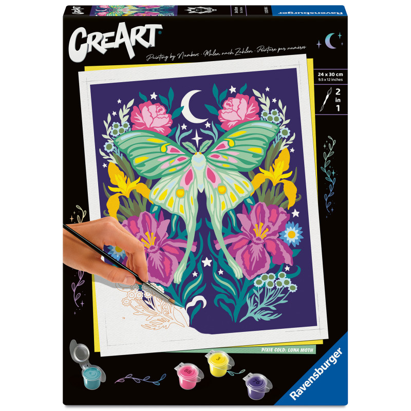 Malset mit bunter Schmetterlings- und Blumen-Vorlage eine Hand malt das Motiv aus.