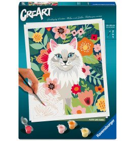 Malen-nach-Zahlen-Set mit weißer Katze in bunten Blumen, eine Hand bemalt einen Teil der Leinwand.