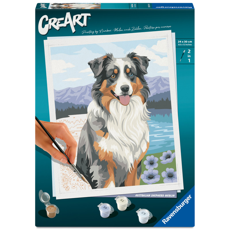 Malset-Box mit Bild eines Australian Shepherds vor Bergen und Blumen im Hintergrund.