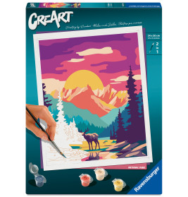 CreArt Malen-nach-Zahlen-Set mit bunter Berglandschaft und Elch am Seeufer bei Sonnenuntergang.