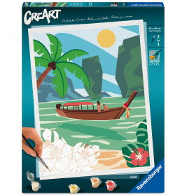 Malset-Box mit tropischer Landschaft: Boot, Palme, Berge, Sonne und Blumen sind abgebildet.