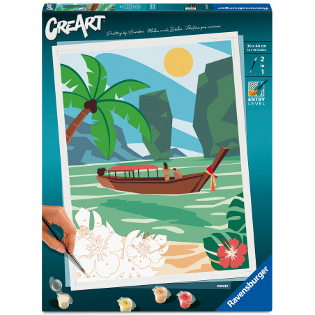 Malset-Box mit tropischer Landschaft: Boot, Palme, Berge, Sonne und Blumen sind abgebildet.