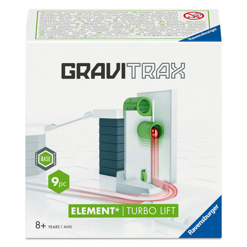 GraviTrax Turbo Lift Set: Verpackung mit Lift-Element und Bahn, geeignet ab 8 Jahren, enthält 9 Teile.
