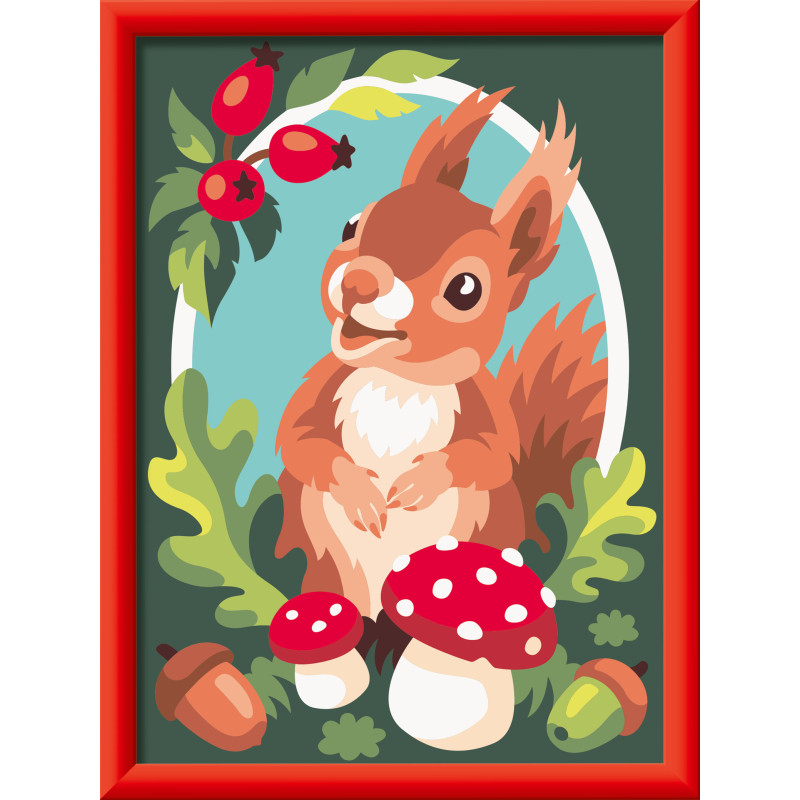 Cartoon-Eichhörnchen mit Pilzen, Eicheln und Beeren in einem rot umrahmten Bild.