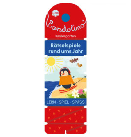 Rote Bandolino-Karte mit Pinguin, der auf Sand Ski fährt. Sonne, Wolken, Vögel und deutscher Text darüber.