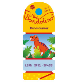Bunte Verpackung mit Dino-Comic und Aufschrift "Mini Bandolino Dinosaurier" sowie deutschen Wörtern für Lernen, Spielen, Spaß.