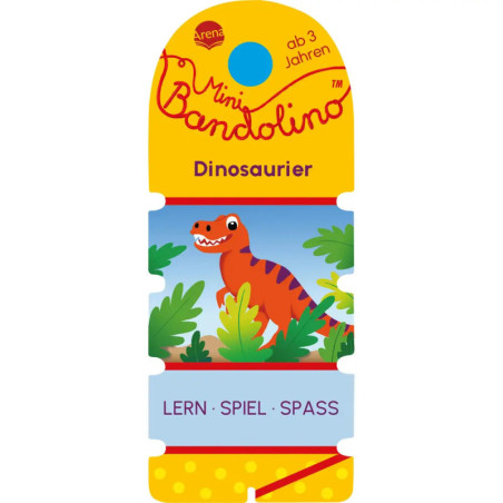 Bunte Verpackung mit Dino-Comic und Aufschrift "Mini Bandolino Dinosaurier" sowie deutschen Wörtern für Lernen, Spielen, Spaß.
