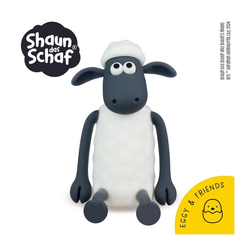 Shaun das Schaf sitzt, dazu sind das Shaun-das-Schaf-Logo und ein Eggy-&-Friends-Abzeichen zu sehen.