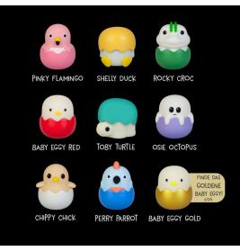 Neun bunte Cartoon-Tier-Ei-Spielzeuge mit Namen auf schwarzem Hintergrund.