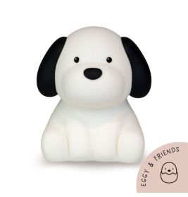 Weißes Stoffhundespielzeug mit schwarzen Ohren, schlichtem Design und Eggy & Friends Logo in der Ecke.