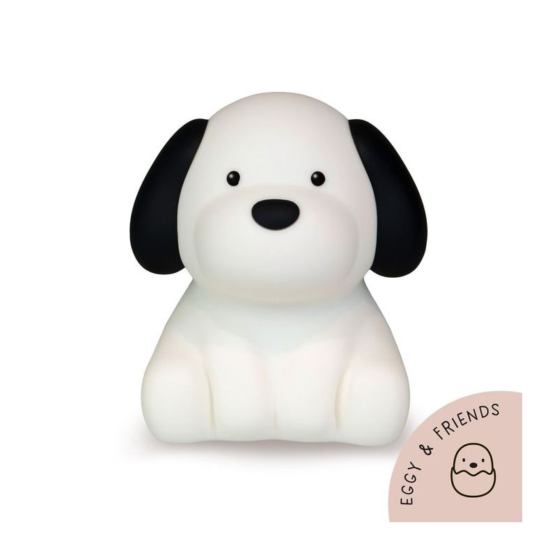 Weißes Stoffhundespielzeug mit schwarzen Ohren, schlichtem Design und Eggy & Friends Logo in der Ecke.