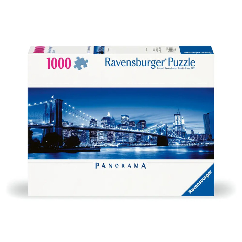 Ravensburger 1000 Teile Panorama-Puzzle mit nächtlicher Stadtansicht und Brücke auf der Verpackung.