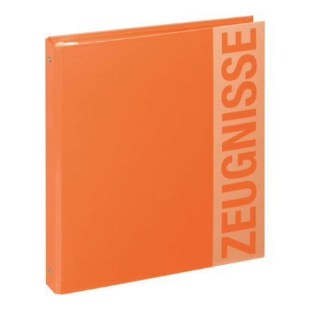 Oranger Ordner steht aufrecht, am rechten Rand groß das Wort "ZEUGNISSE".