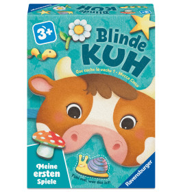Spielschachtel mit Comic-Kuh, Blume, Pilz, Schnecke und dem Schriftzug "Blinde Kuh".