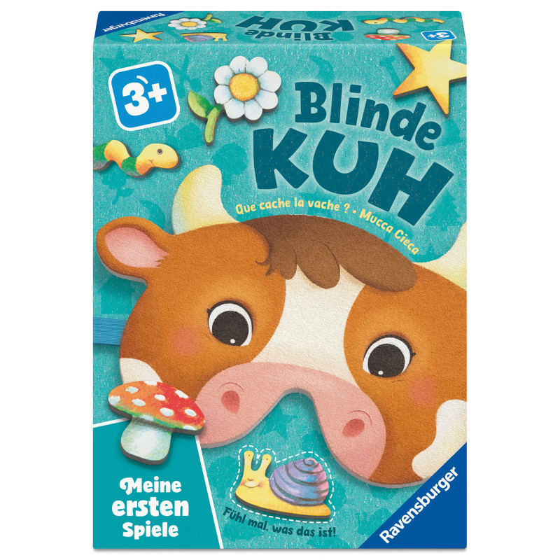Spielschachtel mit Comic-Kuh, Blume, Pilz, Schnecke und dem Schriftzug "Blinde Kuh".