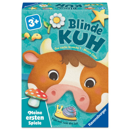 Spielschachtel mit Comic-Kuh, Blume, Pilz, Schnecke und dem Schriftzug "Blinde Kuh".