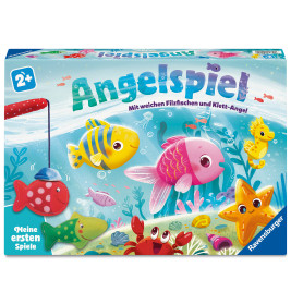 Bunte Schachtel eines deutschen Angelspiels mit Comic-Fischen und Angel; geeignet für Kinder ab 2 Jahren.