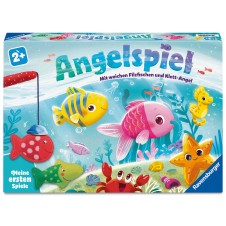 Bunte Schachtel eines deutschen Angelspiels mit Comic-Fischen und Angel; geeignet für Kinder ab 2 Jahren.