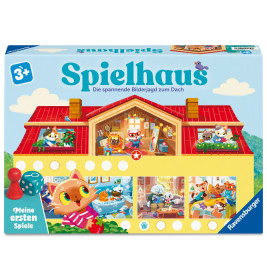 Spielhaus: Schachtel eines Kinderspiels mit illustrierten Tierfiguren in einem bunten Spielhaus.
