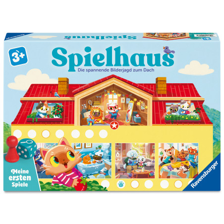 Spielhaus: Schachtel eines Kinderspiels mit illustrierten Tierfiguren in einem bunten Spielhaus.