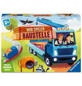 Kinder-Brettspiel mit Bau-Thema: Auf der Schachtel sind blauer LKW, Kran, Betonmischer und zwei Kinder abgebildet.