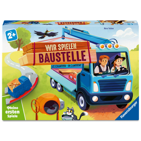 Kinder-Brettspiel mit Bau-Thema: Auf der Schachtel sind blauer LKW, Kran, Betonmischer und zwei Kinder abgebildet.