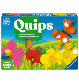 Bunte Quips-Spielschachtel mit Blumen, Schmetterling und Holzsteinen, geeignet für Kinder ab 3 Jahren.