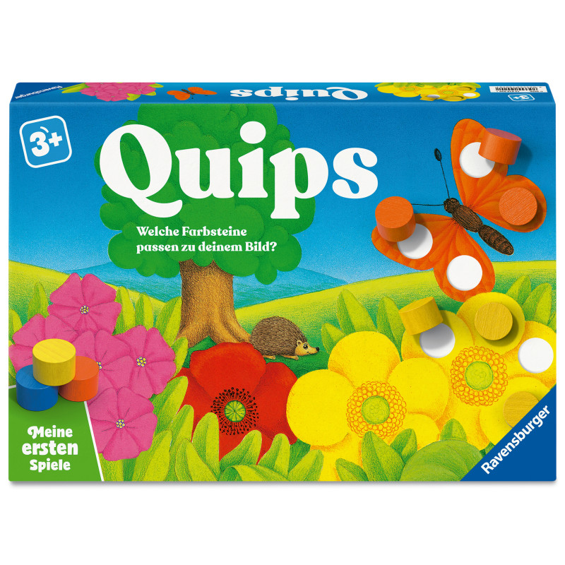 Bunte Quips-Spielschachtel mit Blumen, Schmetterling und Holzsteinen, geeignet für Kinder ab 3 Jahren.