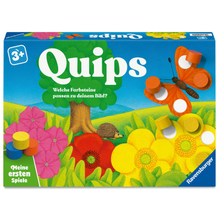 Bunte Quips-Spielschachtel mit Blumen, Schmetterling und Holzsteinen, geeignet für Kinder ab 3 Jahren.