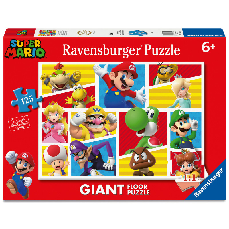 Ravensburger Super Mario Bodenpuzzle mit 125 Teilen und Abbildungen von Mario-Charakteren auf der Verpackung.
