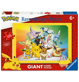 Box eines 125-teiligen Pokémon-Puzzles mit Evoli und allen Entwicklungen vor buntem Hintergrund.