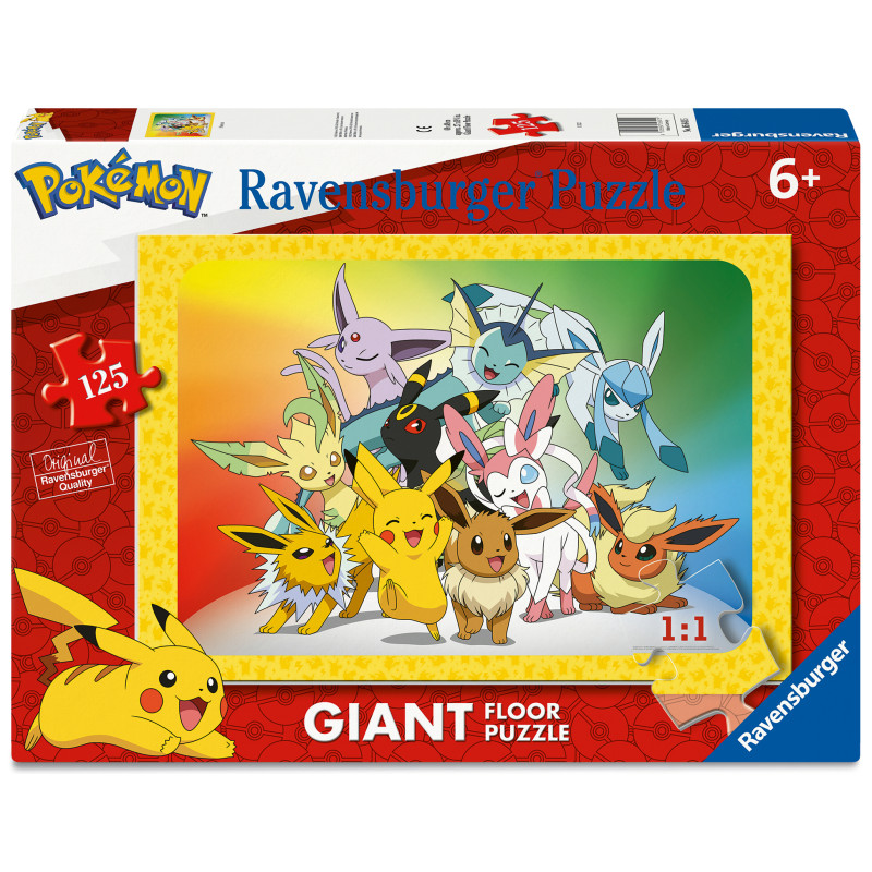 Box eines 125-teiligen Pokémon-Puzzles mit Evoli und allen Entwicklungen vor buntem Hintergrund.