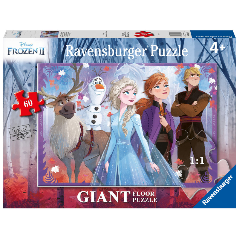 Ravensburger Frozen II Riesenpuzzle mit 60 Teilen, zeigt Elsa, Anna, Kristoff, Olaf und Sven auf der Verpackung.