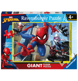 Schachtel mit 60-teiligem Spider-Man-Bodenpuzzle, zeigt Spider-Man und Freunde beim Schwingen durch die Stadt.