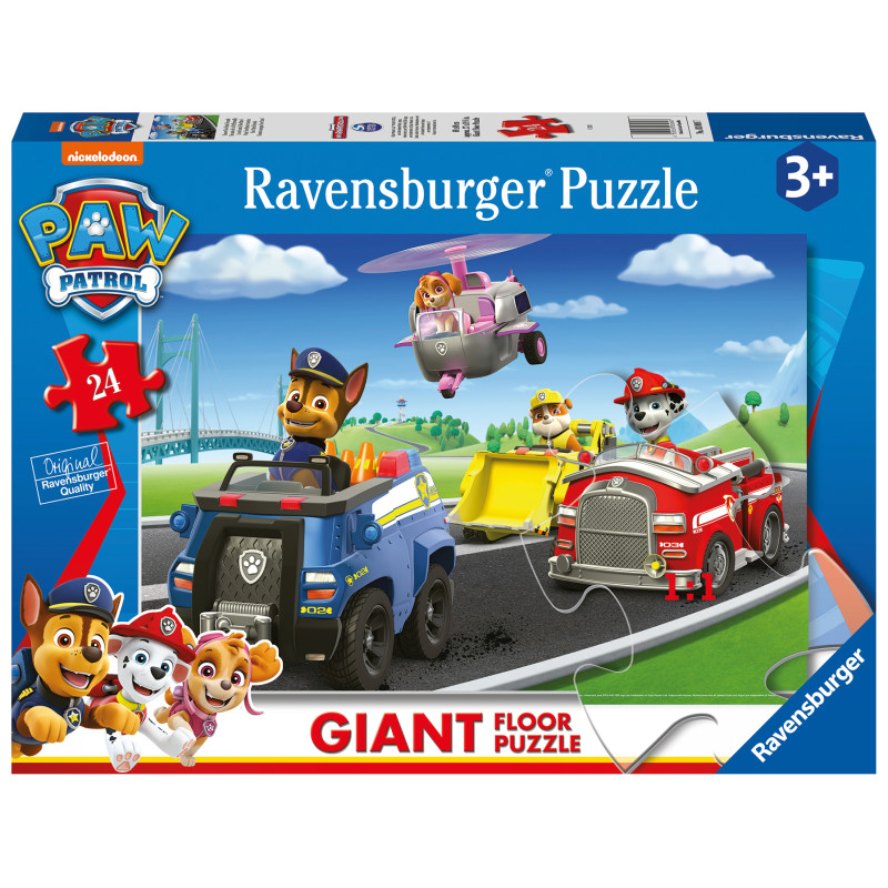 Paw Patrol Ravensburger Puzzle, 24 Teile. Box zeigt cartoonhafte Hunde in Fahrzeugen auf einer Straße.