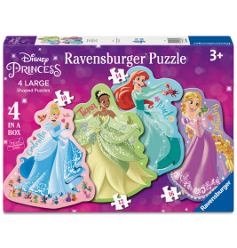 Ravensburger-Puzzlebox mit Disney-Prinzessinnen: Cinderella, Tiana, Ariel und Rapunzel vor rosa Hintergrund.