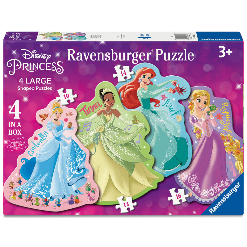 Ravensburger-Puzzlebox mit Disney-Prinzessinnen: Cinderella, Tiana, Ariel und Rapunzel vor rosa Hintergrund.