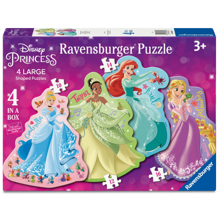 Ravensburger-Puzzlebox mit Disney-Prinzessinnen: Cinderella, Tiana, Ariel und Rapunzel vor rosa Hintergrund.