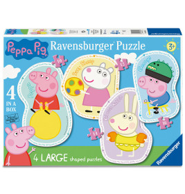 Peppa Pig Ravensburger Puzzle mit Peppa, Suzy Sheep, Rebecca Rabbit und George abgebildet auf der Vorderseite.