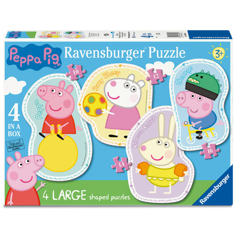 Peppa Pig Ravensburger Puzzle mit Peppa, Suzy Sheep, Rebecca Rabbit und George abgebildet auf der Vorderseite.