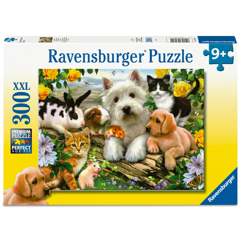 Ravensburger Puzzlebox, 300 Teile, mit Motiv: Welpen, Kätzchen und Kaninchen in bunter Outdoor-Szenerie.