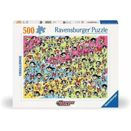 Ravensburger Puzzle mit 500 Teilen und farbenfrohem, dichtem Powerpuff Girls Cartoon-Muster auf der Schachtel.