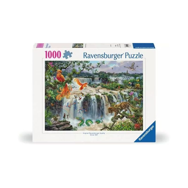 Ravensburger Puzzle mit 1000 Teilen, Motiv: Dschungel-Wasserfall, Tiere wie Papageien, Affen und Jaguar.