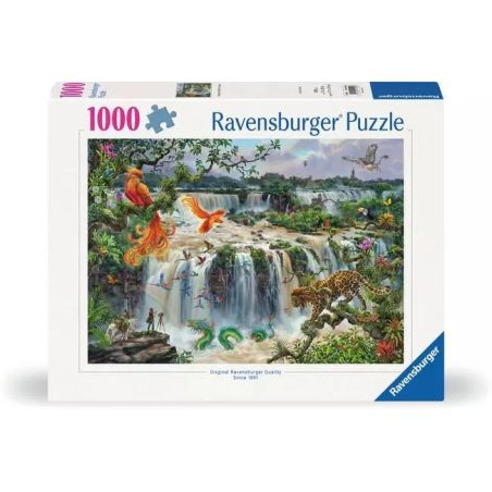 Ravensburger Puzzle mit 1000 Teilen, Motiv: Dschungel-Wasserfall, Tiere wie Papageien, Affen und Jaguar.