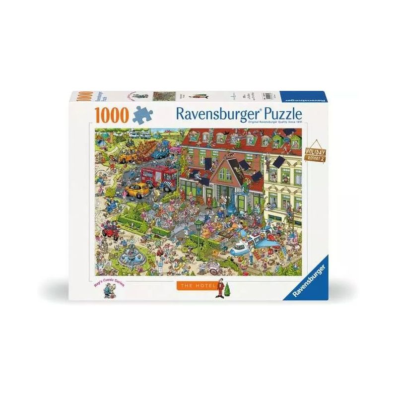 Ravensburger Puzzle mit 1000 Teilen, zeigt eine bunte Cartoon-Szene mit Hotel und Menschen davor.