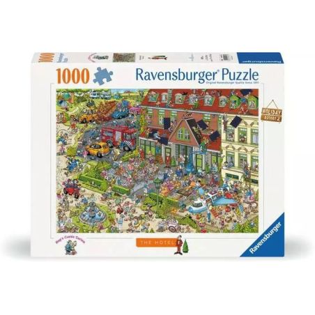 Ravensburger Puzzle mit 1000 Teilen, zeigt eine bunte Cartoon-Szene mit Hotel und Menschen davor.