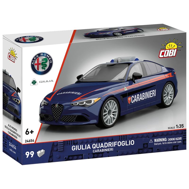 Cobi-Spielbox mit blauem Alfa Romeo Giulia Quadrifoglio Carabinieri Polizeiauto, Maßstab 1:35, ab 6 Jahren.