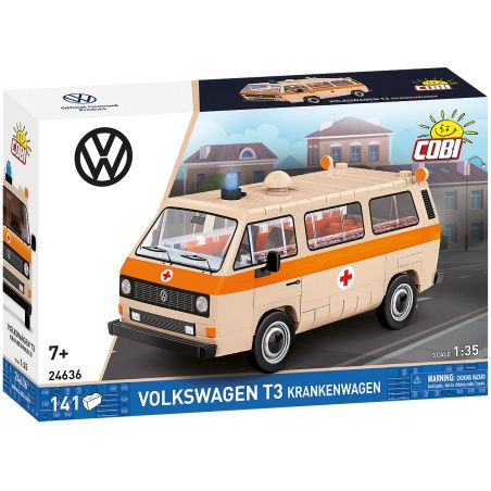 COBI-Set-Box: Volkswagen T3 Krankenwagen, abgebildet als Modell auf einer Stadtstraße.